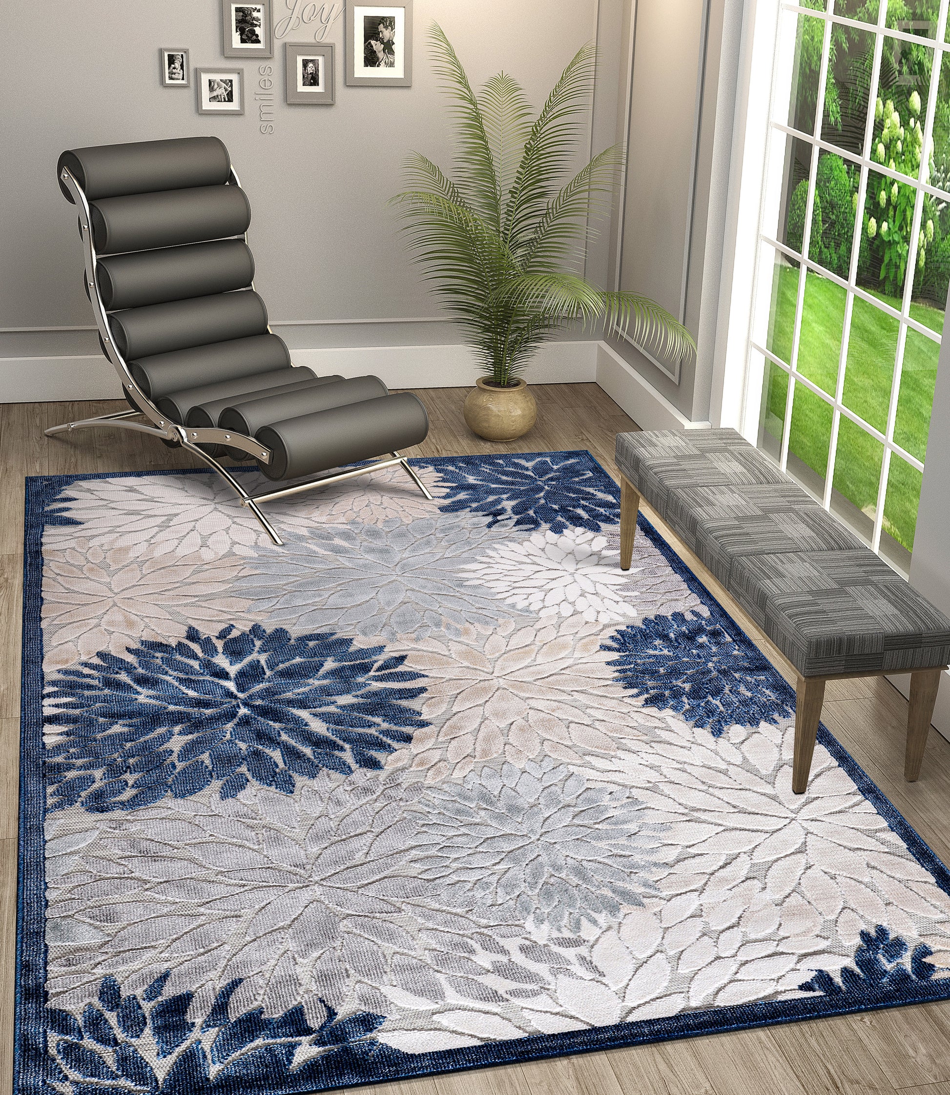 CAMILSON Blossom Indoor Outdoor Rug Floral Exotic Tropical Non-Shedding Rug Navy Blue 7'10 x 10